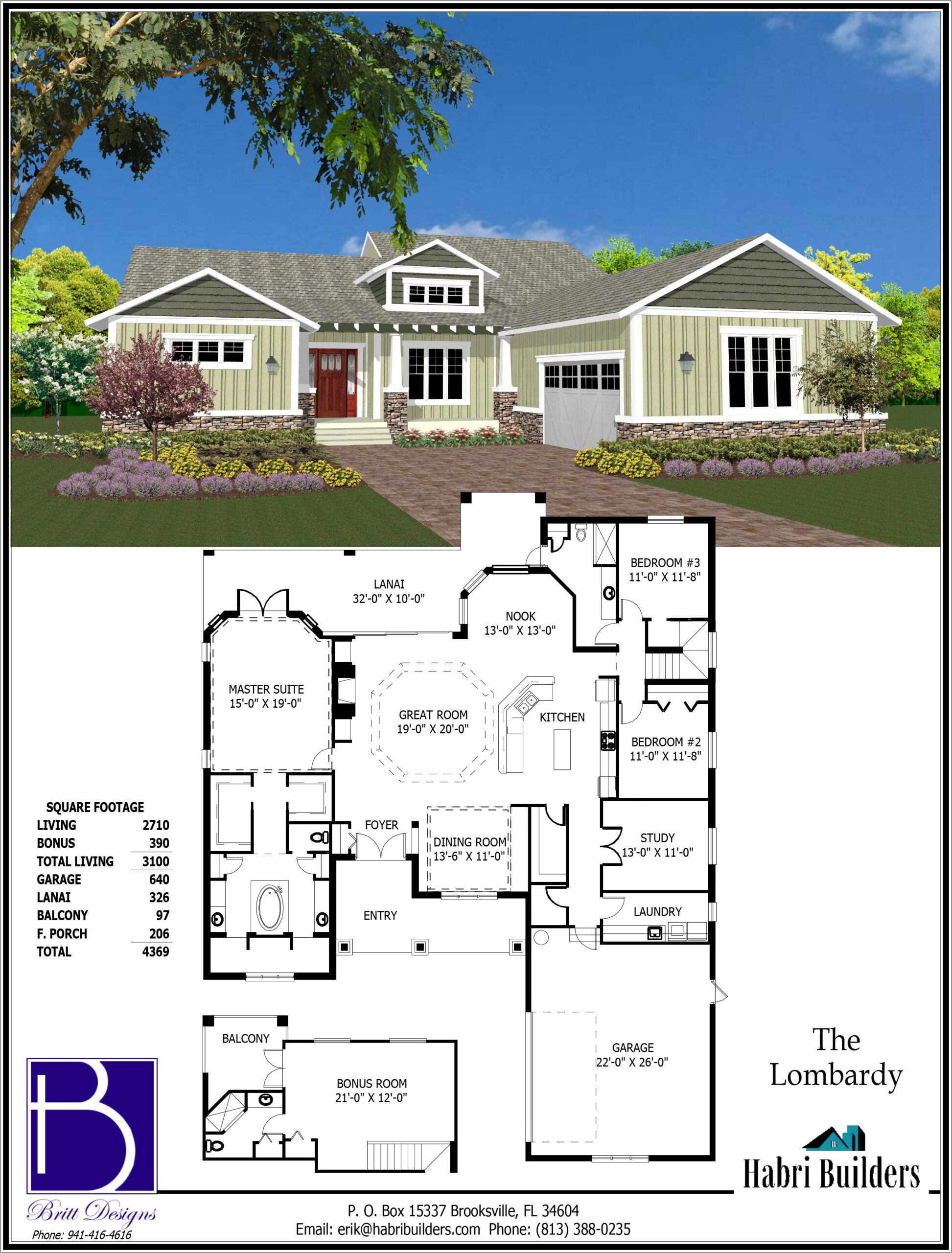 Image of a house under the name "The Lombardy" with an exterior view and floor plan. Includes details of square footage, room types, and contact information for Brian Designs and Habri Builders.