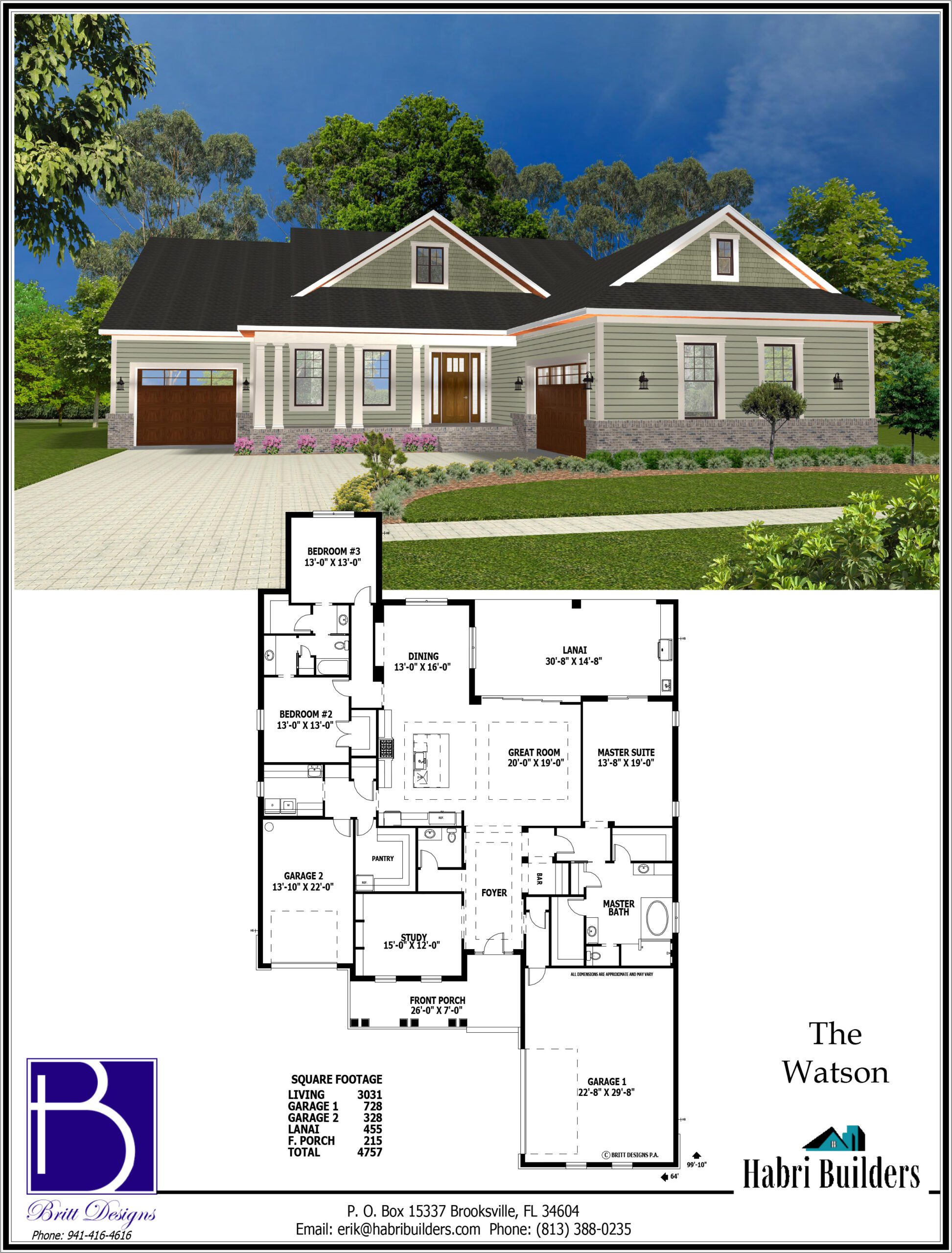 A single-story house with a gray exterior, a two-car garage, and a landscaped front yard. Below is a floor plan labeled "The Watson" showing detailed room layouts and dimensions. Builder contact info is included.