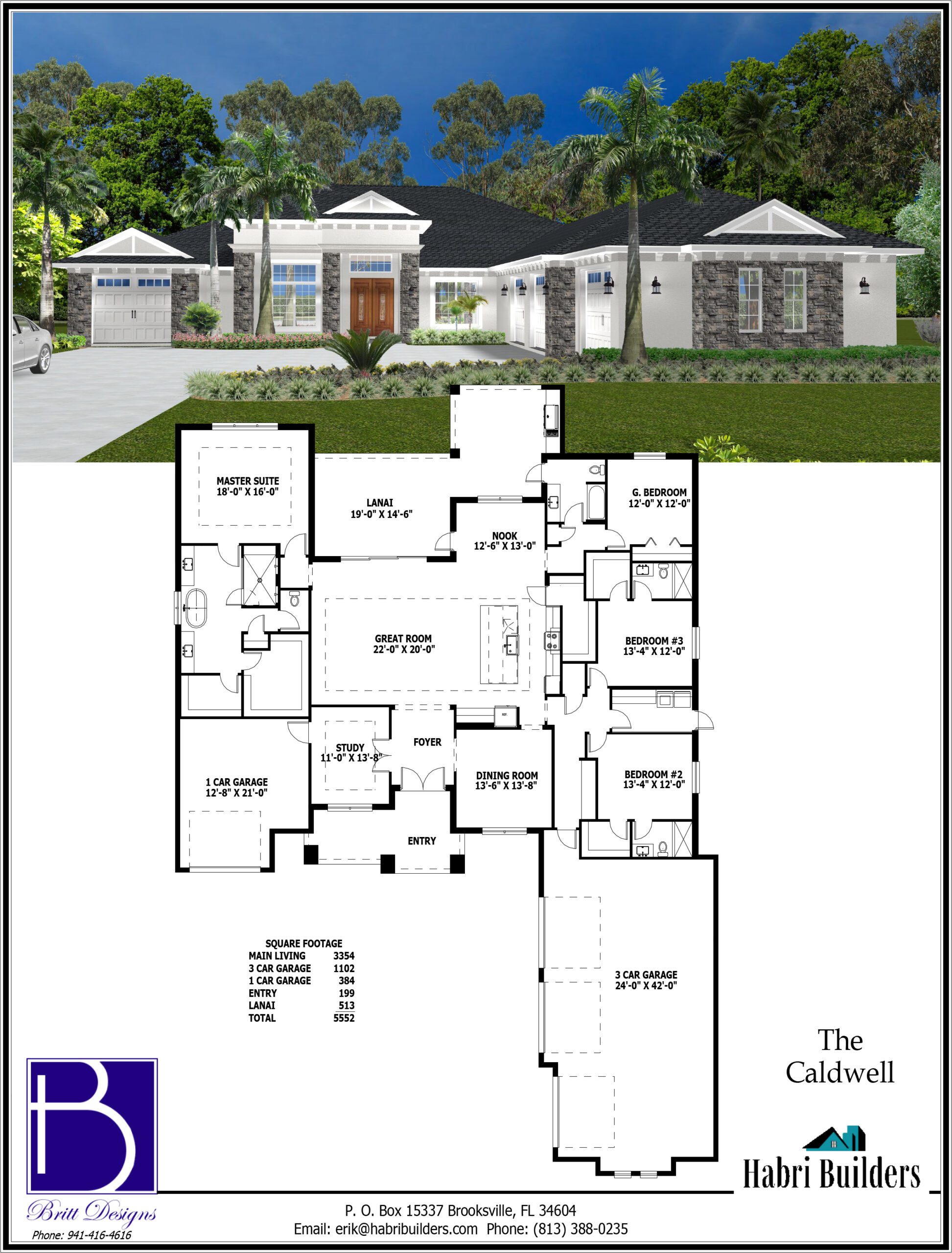 Architectural design showcasing a single-story house with a front view illustration and a detailed floor plan layout. The image includes contact information for Habri Builders and square footage specifications.