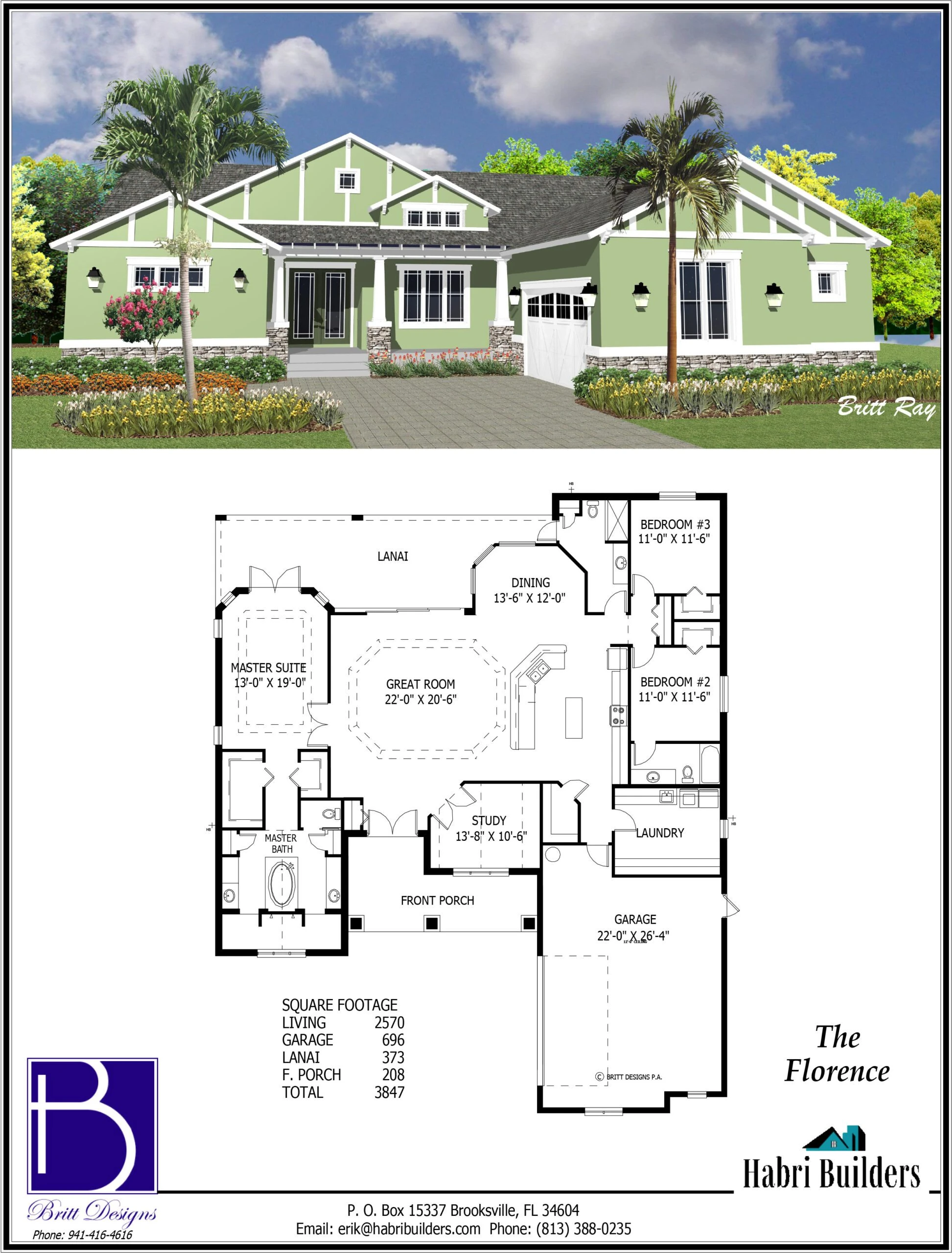 a rendering of a green house with a detailed floor plan including four bedrooms, three bathrooms, a living area, a dining room, a garage, and a porch. Builder and contact details are displayed.