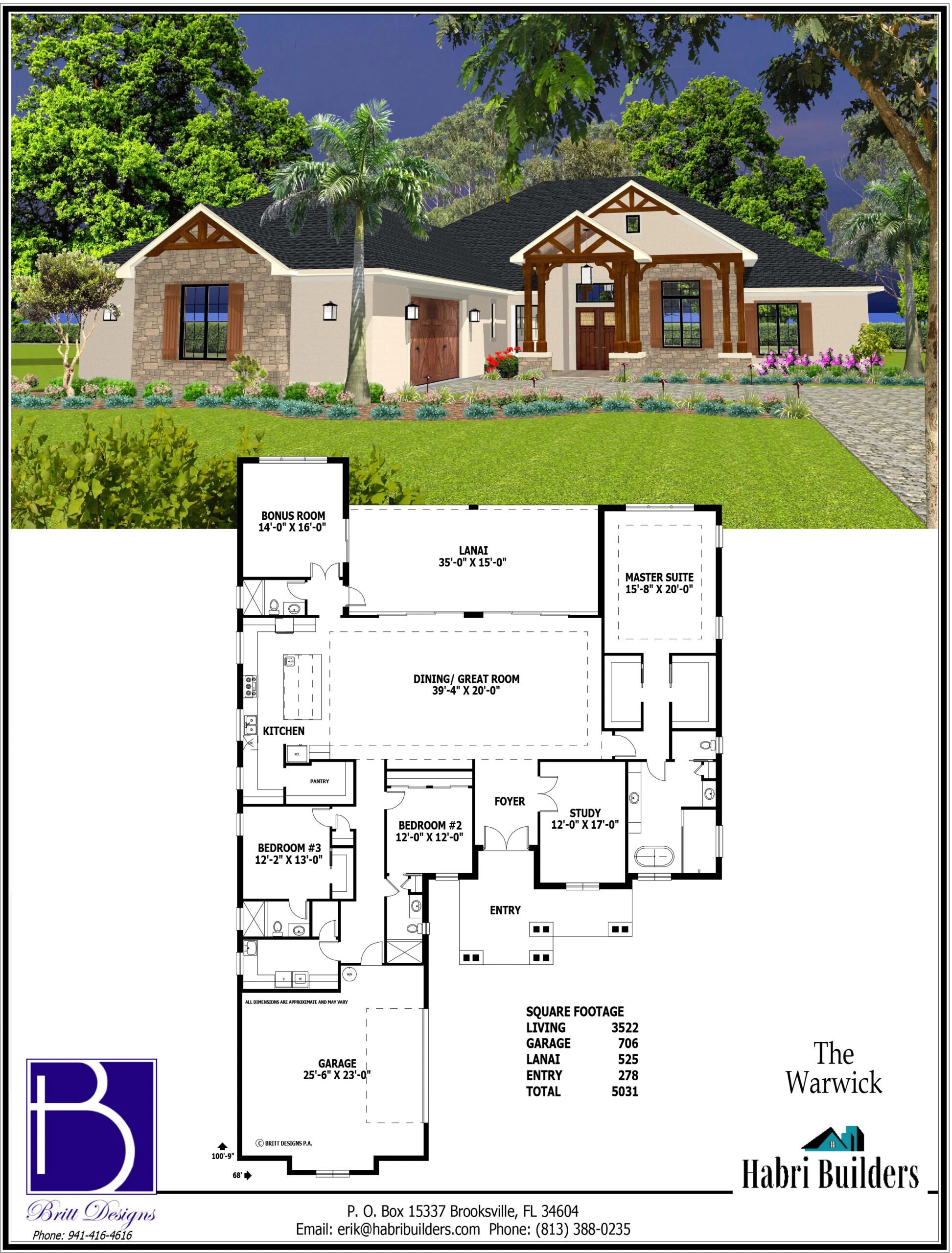 Architectural rendering and floor plan of a single-story house named "The Warwick" by Habri Builders. The design includes 4 bedrooms, a lanai, a bonus room, and a 3-car garage.