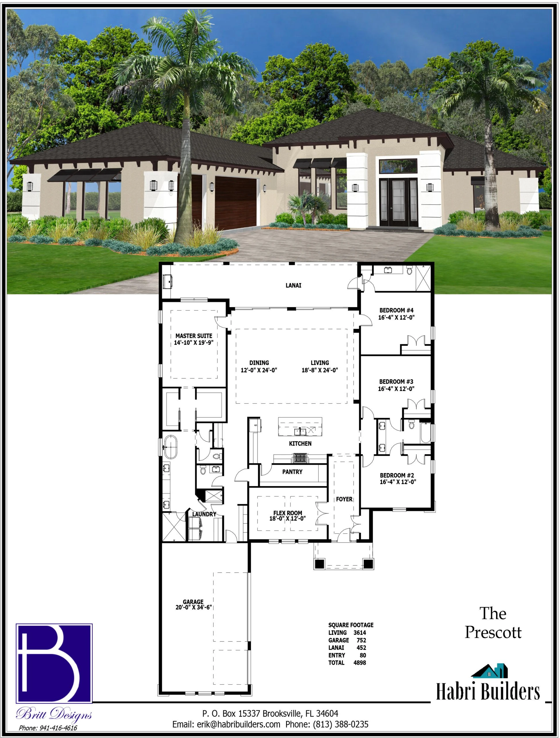 Blueprint and exterior illustration of "The Prescott" house plan by Habri Builders, featuring a single-story layout with four bedrooms, three bathrooms, kitchen, pantry, and a lanai.