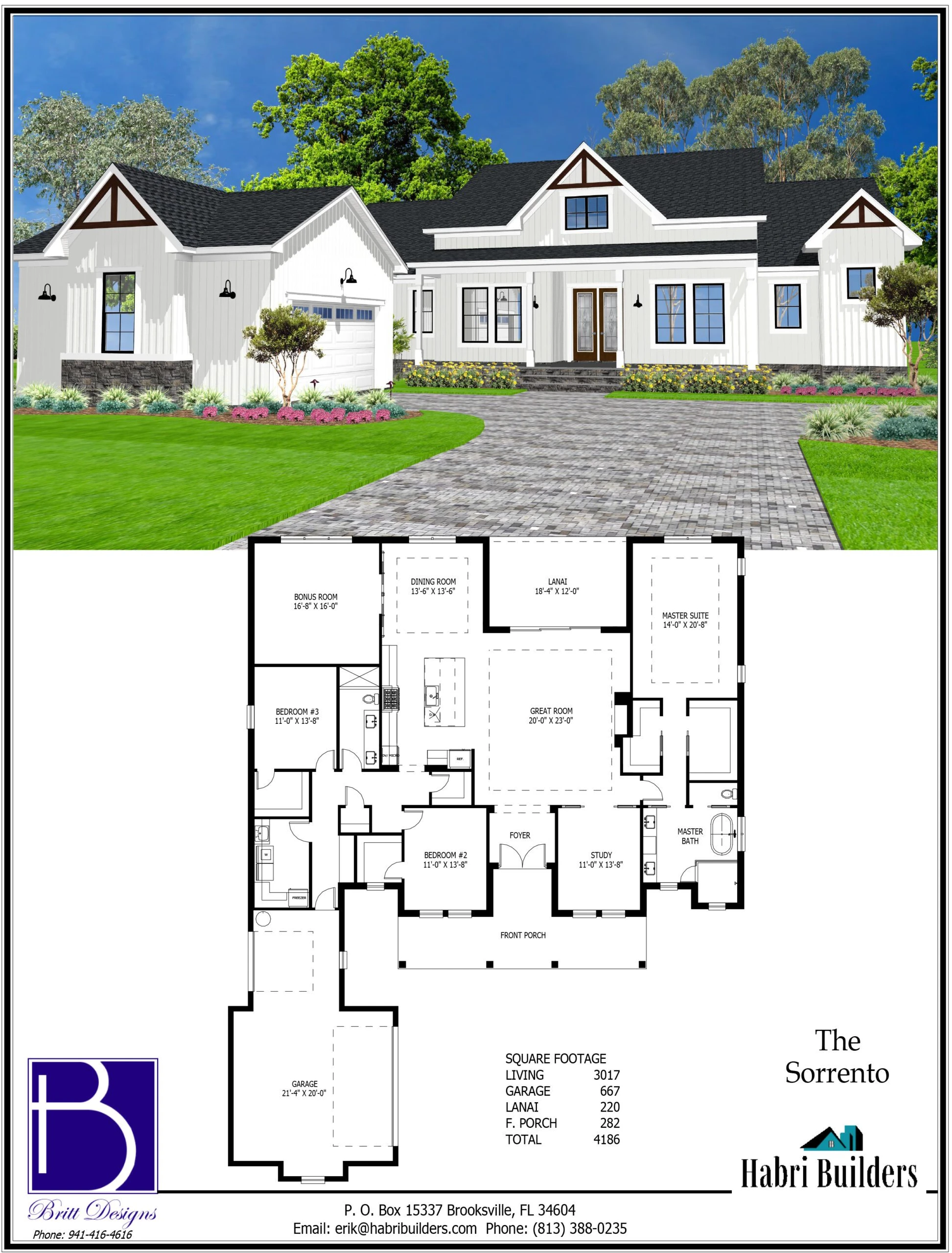 A two-story white suburban house with trees in the background. Below is a detailed floor plan. Contact details for Brit Design and Habri Builders are at the bottom.