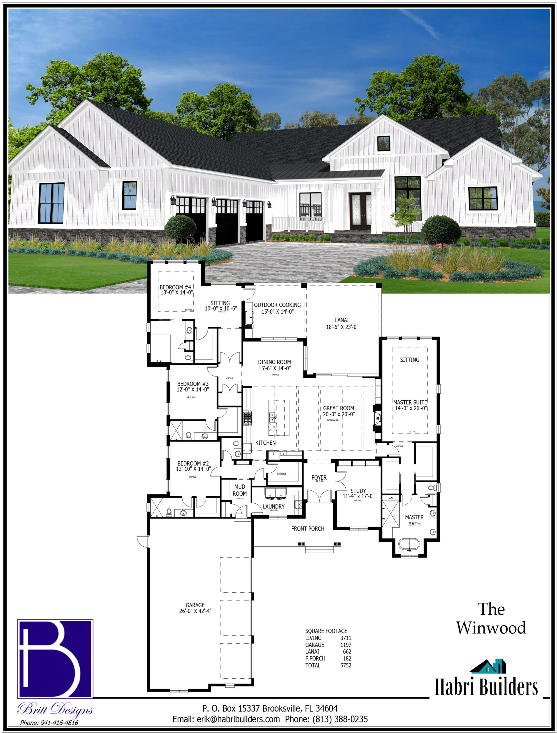 A detailed floor plan of "The Winwood" single-story house design, showing various rooms and amenities. An exterior front view of the house is also included above the floor plan.